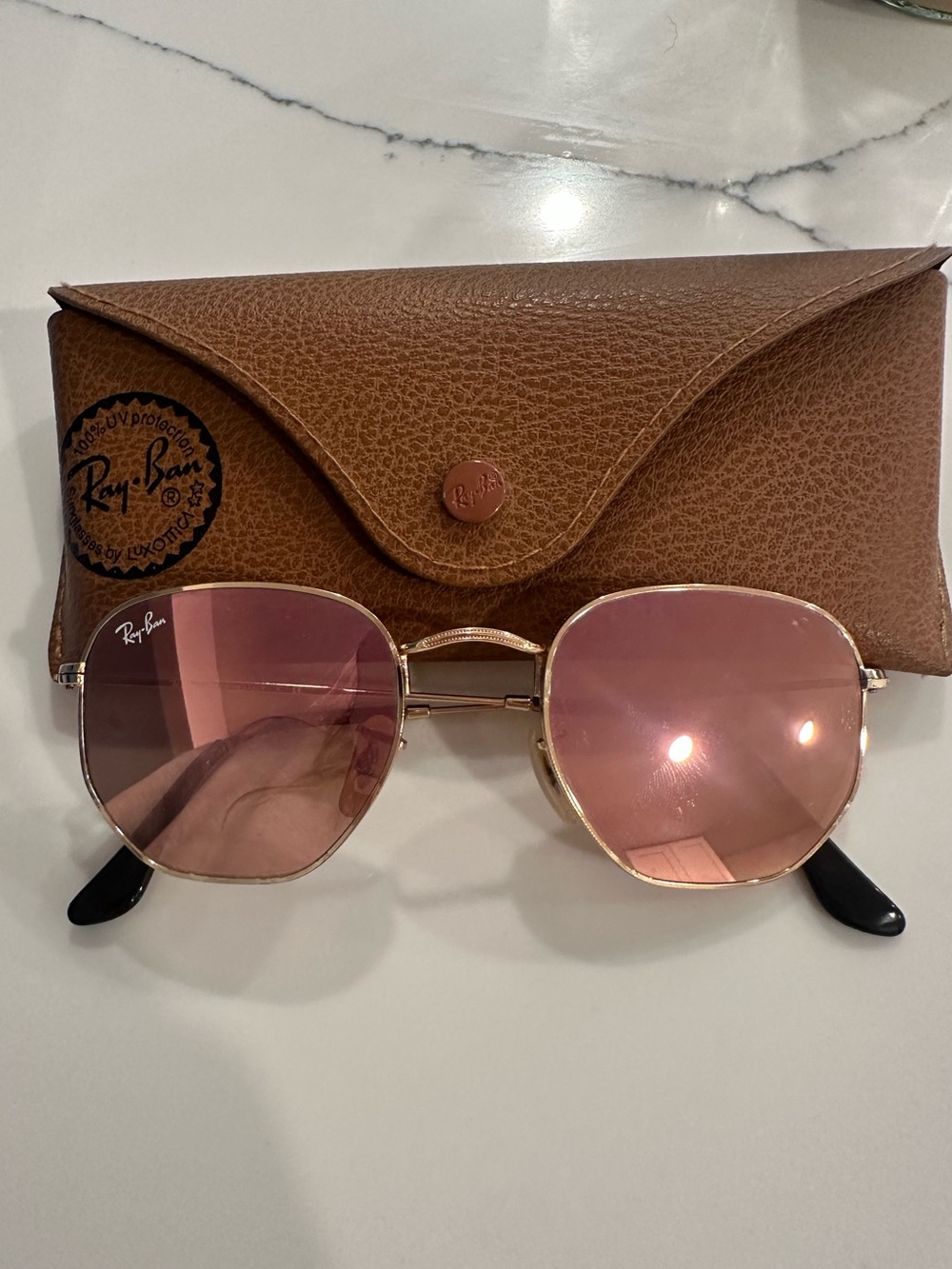 Ray-Ban Gold Metal Frame Sunglasses with Pink Lenses